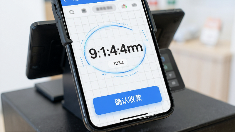 蜂喔收银功能界面展示,主体为手机收银台界面,显示大字号金额数字,下方有“确认收款”按钮,背景为浅色网格,突出数字化交易场景,风格科技感,细节清晰,高清画质,无杂乱元素