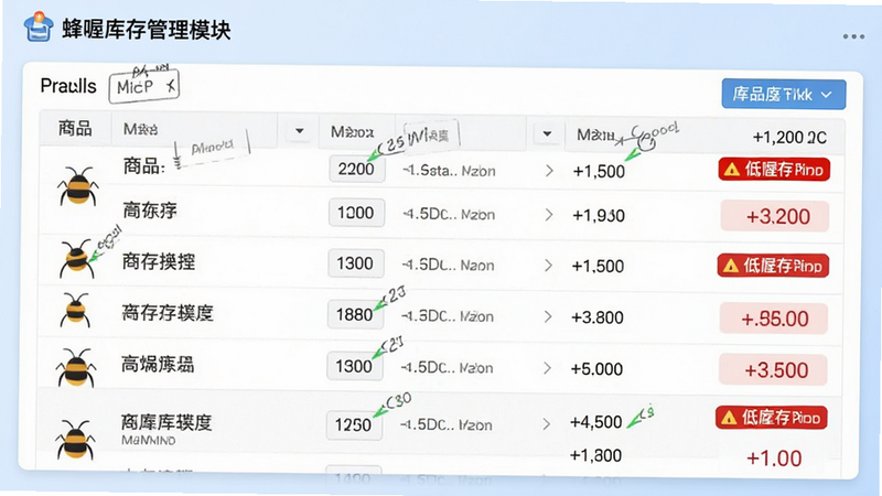 蜂喔库存管理模块界面,展示商品列表及库存数量,带有红色低库存预警标识,表格布局整齐,背景为淡蓝色渐变,风格专业商务,细节标注清晰,高清渲染,无多余装饰