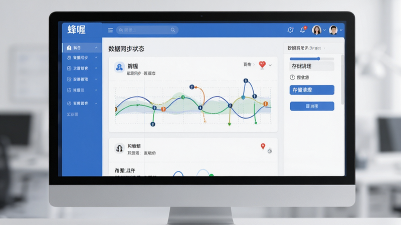 蜂喔后台管理界面优化示意图,展示数据同步状态、存储清理按钮,界面简洁明了,蓝色主题,高清渲染,无多余元素