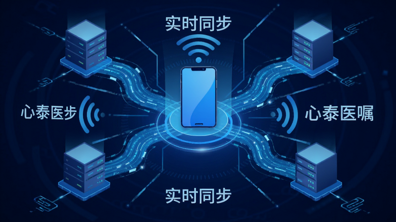 主体为数据同步示意图,布局中心为手机图标,周围环绕着流动的数据光带连接至服务器图标,排版呈放射状,风格科技感蓝色调,细节展示信号波纹与速度线条,画质清晰,干净,无多余元素,文字包含“实时同步”、“心泰医嘱”