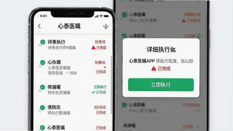 主体为心泰医嘱APP手机界面展示,布局采用左右分栏设计,左侧为待执行医嘱列表,右侧为详细执行确认弹窗,排版清晰有序,风格为现代极简医疗UI,细节包含绿色执行按钮与红色警示标识,画质高清,干净,无多余元素,文字包含“心泰医嘱”、“立即执行”、“已完成”