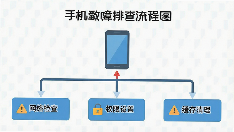 手机故障排查流程图,中心是手机图标,分支指向“网络检查”、“权限设置”、“缓存清理”三个步骤,布局树状结构,排版清晰直观,风格扁平化,细节处有警示图标,文字