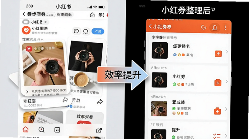 对比图,左侧为杂乱的小红书界面截图,右侧为小红券整理后的清晰券列表,中间用箭头连接,标注