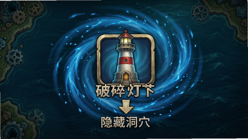 游戏地图局部特写,主体为“破碎灯塔”图标,周围环绕着蓝色漩涡特效,下方标注“隐藏洞穴”箭头指引,背景为深色海洋,风格神秘,细节丰富,无多余文字,高清游戏美术风格