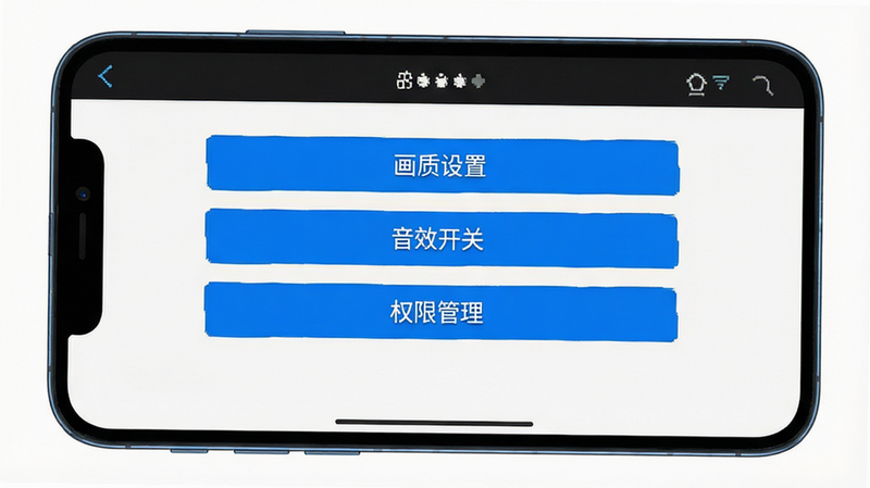 游戏设置界面截图,主体为手机屏幕显示“画质设置”、“音效开关”和“权限管理”选项,背景为简洁的白色,选项按钮为蓝色,界面布局清晰,无水印,高清UI设计