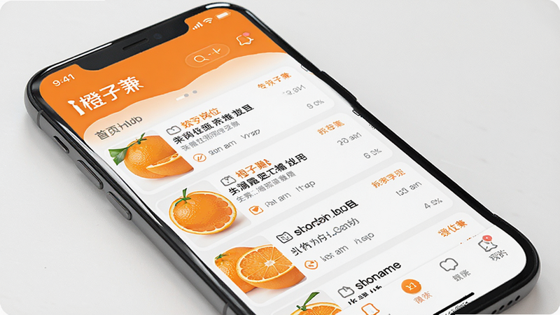 主体为一部智能手机屏幕展示橙子兼APP界面,布局清晰显示首页推荐岗位列表,排版整洁现代风格,细节包含橙色主色调UI设计,高清画质,干净无多余元素,文字清晰可见