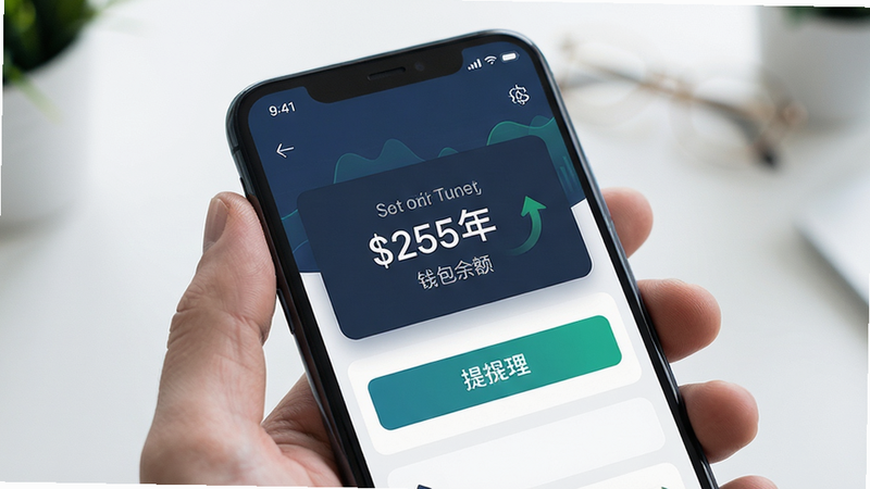 主体为手机屏幕显示钱包余额与提现按钮,布局突出核心操作,排版简洁大方,风格现代金融感,细节包含数字与箭头,高清画质,干净无多余元素