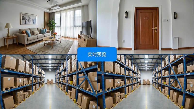 展示宇视云App的多窗口监控界面,分为四个小窗口,每个窗口显示不同的监控场景如客厅、门口、仓库,中间有操作按钮,文字标签为“实时预览”,风格现代简约,色彩明亮,画质清晰,无杂色
