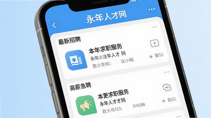 主体为“永年人才网”App的手机界面展示,背景为简洁的浅蓝色渐变,手机屏幕清晰显示首页列表,包含“最新招聘”、“高薪急聘”等板块,图标设计扁平化,整体风格专业、干净、无多余元素,高清画质,文字清晰可见,突出本地化求职服务的便捷性