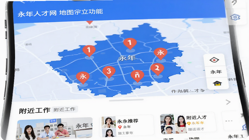 主体为“永年人才网”App的地图定位功能界面,展示永年区地图,标注多个红色岗位图标,界面下方显示“附近工作”列表,地图风格简洁现代,色调以蓝白为主,突出地理位置与岗位关联,高清画质,无杂乱背景,体现本地化精准推荐的特点