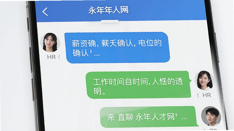 主体为“永年人才网”App的聊天界面,显示用户与HR的对话气泡,内容涉及薪资确认和工作时间,界面清晰,气泡颜色区分明显,背景简洁,突出直接沟通的便捷与透明,高清画质,无杂乱元素,体现企业直聊的特色