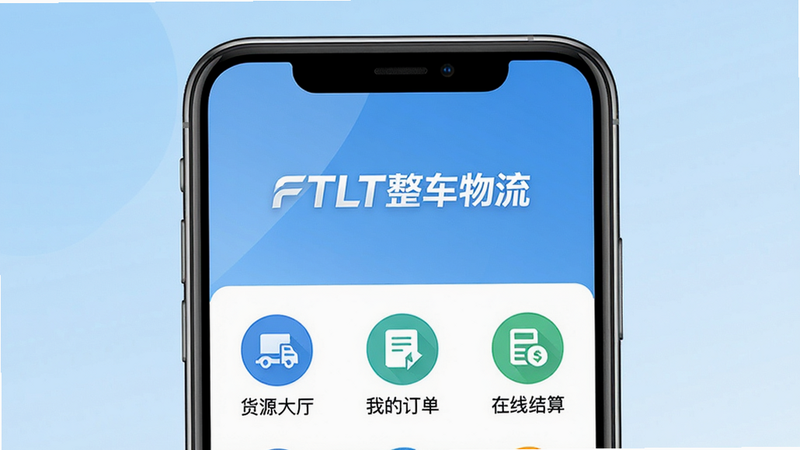 FTLT整车物流APP主界面展示,主体为手机屏幕,背景为浅蓝色渐变,屏幕中央显示“FTLT整车物流”Logo,下方排列“货源大厅”、“我的订单”、“在线结算”三个大图标,布局清晰整洁,扁平化UI设计风格,高清画质,无多余元素,文字清晰可读,干净简约