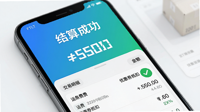 FTLT整车物流结算页面,主体为手机屏幕,显示“结算成功”的大字提示,金额数字醒目,下方列出交易明细,包括运费、服务费、优惠券抵扣等,绿色成功标识,界面清爽,高清画质,无多余装饰