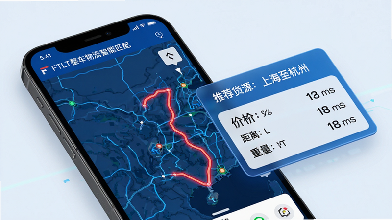 FTLT整车物流智能匹配界面,主体为手机屏幕,显示地图背景,上面有红色路线轨迹,旁边弹出卡片显示“推荐货源:上海至杭州”,包含价格、距离、重量信息,界面简洁现代,蓝色科技风,高清细节,无杂乱元素