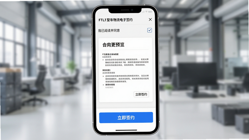 FTLT整车物流电子签约页面,主体为手机屏幕,显示合同预览界面,底部有一个醒目的蓝色“立即签约”按钮,上方勾选了“我已阅读并同意”,界面专业严谨,白色背景,黑色文字,高清清晰,无水印干扰
