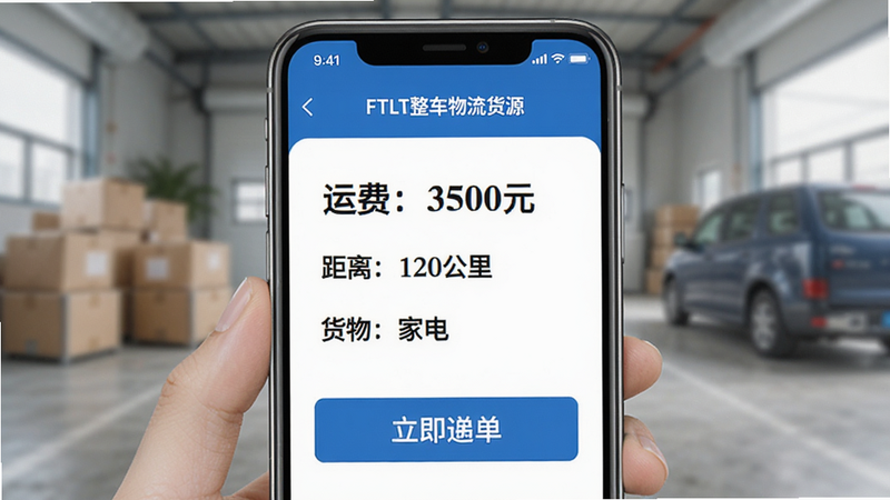 FTLT整车物流货源详情页面,主体为手机屏幕,显示“运费:3500元”、“距离:120公里”、“货物:家电”,下方有“立即抢单”按钮,界面直观明了,蓝色主题,高清画质,无多余文字
