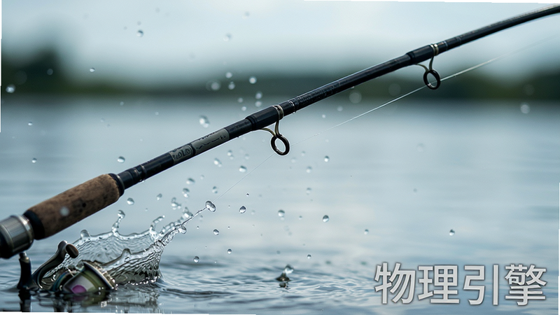 主体为钓鱼竿受力特写,布局聚焦于竿尖与水面连接处,展示鱼线紧绷状态,背景虚化处理突出前景,风格为电影级特写镜头,细节展现水花飞溅瞬间,画质锐利,干净背景,文字“物理引擎”以半透明水印形式嵌入右下角