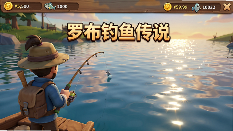 主体为“罗布钓鱼传说”游戏主界面全景,布局采用横向卷轴式场景,左侧显示角色背影,右侧展示水面波光粼粼,顶部UI清晰显示金币与鱼获记录,风格为卡通渲染结合写实光影,细节丰富,水面反射天空色彩,画质高清,干净无多余元素,文字“罗布钓鱼传说”置于画面中央偏上