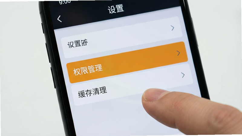 主体为手机屏幕显示游戏设置界面,布局为列表式选项,高亮显示“权限管理”与“缓存清理”选项,背景为浅灰色,风格为简洁UI设计,细节展示手指点击动作,画质清晰,干净背景,文字“设置”在顶部标题栏