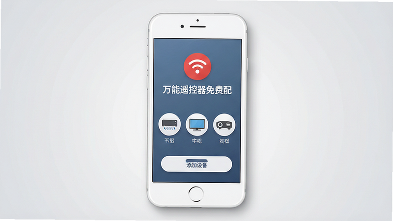 主体为白色极简风格的智能手机,屏幕中央显示“万能遥控器免费配”App界面,界面顶部有红色信号图标,中部展示空调、电视、投影仪三个圆形图标,底部有“添加设备”按钮。布局居中对称,排版清晰整洁,风格为扁平化科技风,细节处有柔和阴影,画质高清,背景为浅灰色渐变,无多余元素。
