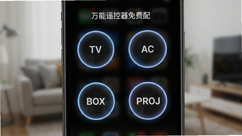 主体为手机主屏幕界面,显示“万能遥控器免费配”的自定义控制面板,包含四个大尺寸圆形按钮,分别标注“TV”、“AC”、“BOX”、“PROJ”。布局为2x2网格,排版简洁大方,风格为深色模式,细节处按钮带有微光效果,画质清晰,背景模糊处理突出主体。