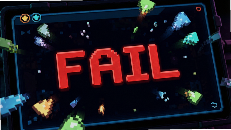 ��Ϸʧ�ܽ������д����Ļ������ʾ���ĺ�ɫ���֡�FAIL������Χɢ����һЩ���ط�����Ƭ������Ϊ��ɫ�����Ϊ�����������ִ�UI��ϣ�ϸ�ڷḻ��ɫ����������������������������Ԫ��