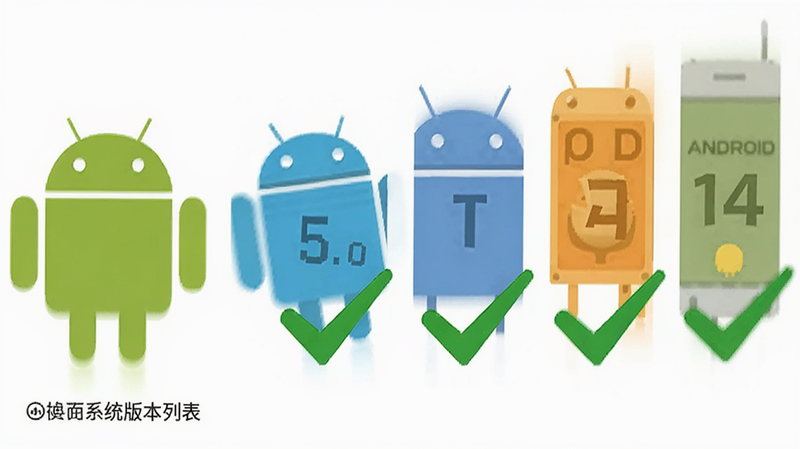 ��׿ϵͳ�汾�б���ʾ��ͼ��Android 5.0��Android 14�������У�ÿ���汾�Ա���һ����ɫ�ĶԹ�������Ϊ��ɫ�����Ϊ��ƽ��ͼ����ƣ�ɫ��������ϸ�����������ʸ��壬�޶���Ԫ��