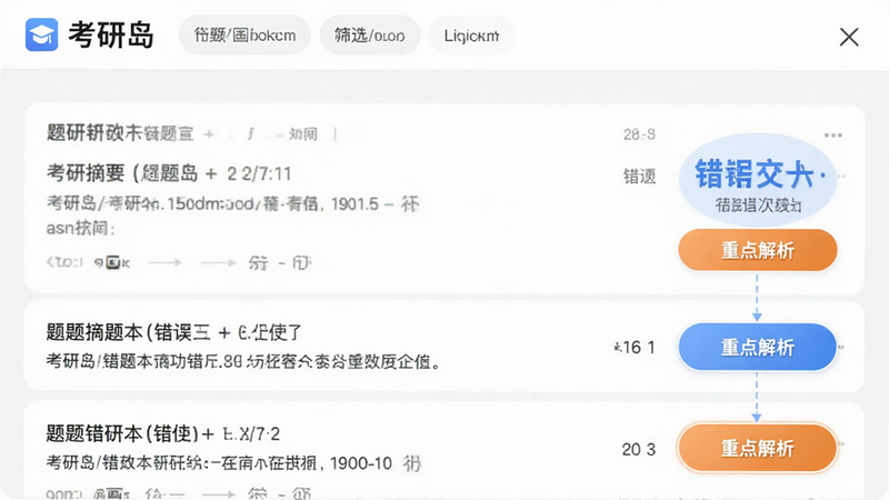 主体为考研岛错题本功能界面,布局呈现列表形式,顶部有