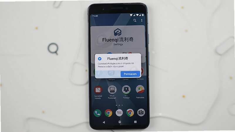 主体为Fluenqi流利奇在安卓手机上的安装与设置界面,显示权限请求弹窗,背景为手机桌面,排版居中,风格写实,细节清晰,画质高,干净,无多余元素