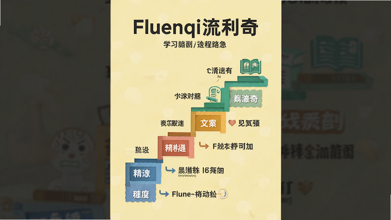 主体为Fluenqi流利奇的学习路径图表,展示从入门到精通的阶梯状进度条,背景为淡黄色,图表清晰,字体醒目,排版垂直,风格扁平化,细节精致,画质清晰,干净,无多余元素