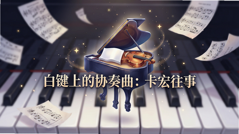 主体为“白键上的协奏曲:卡宏往事”游戏Logo居中悬浮,背景是模糊的钢琴黑白键与飘落的乐谱碎片,布局对称平衡,排版简洁大气,风格为梦幻唯美插画风,细节处有微光粒子特效,画质8k高清,干净无多余元素,文字“白键上的协奏曲:卡宏往事”清晰可见