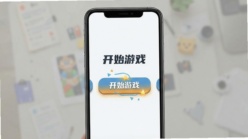 主体为手机屏幕显示游戏主菜单,布局为竖屏居中,排版清晰,风格为扁平化UI设计,细节展示“开始游戏”按钮的高亮效果,画质清晰,干净,文字“开始游戏”醒目