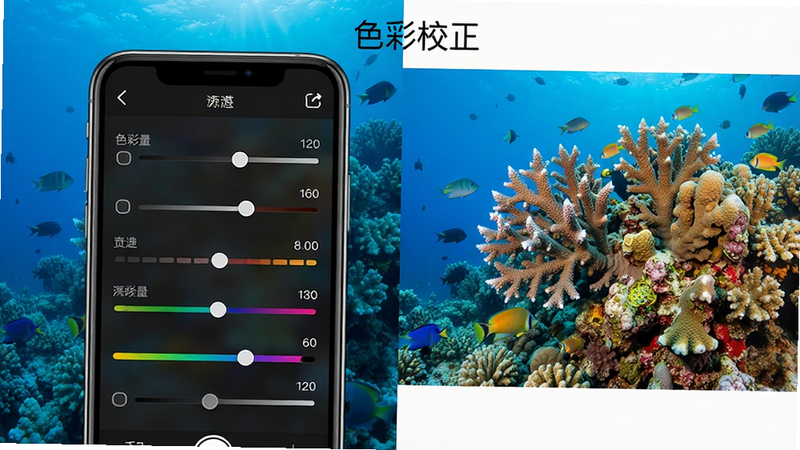 主体为手机屏幕上的色彩调节界面,旁边是对比鲜明的水下珊瑚图片,左侧偏蓝,右侧色彩丰富。布局上对比图占主要视觉中心。排版清晰,风格为技术演示风,细节展示滑块和数值变化,画质高,干净,无多余元素,文字“色彩校正”可见