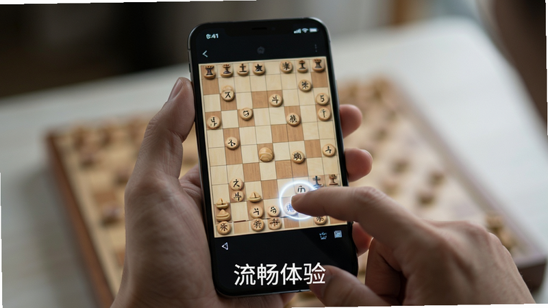 主体为一只手持握智能手机的特写,屏幕显示象棋对局,背景虚化处理,布局突出手机握持手感,排版为垂直构图,风格为写实摄影风,细节处有手指触碰屏幕的微光,画质锐利,干净,无多余元素,文字“流畅体验”位于下方