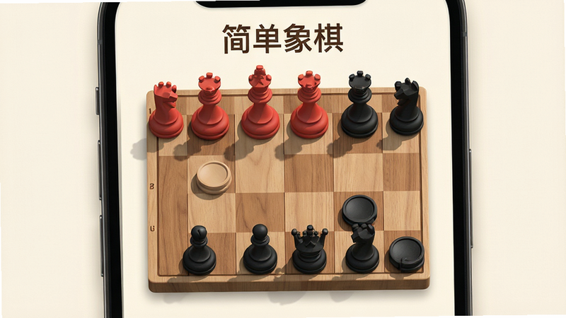 主体为手机屏幕特写,展示一个极简风格的象棋界面,棋盘为木质纹理,棋子为红黑两色立体浮雕,背景为柔和的米白色,布局居中,排版简洁,风格为现代扁平化与3D写实结合,细节处有棋子阴影,画质高清,干净,无多余元素,文字“简单象棋”位于顶部居中