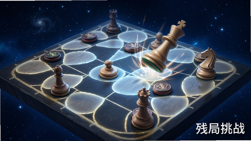 主体为一个发光的象棋棋盘,棋盘上只摆放了少数几个关键棋子形成残局态势,背景为深蓝色星空,布局聚焦于棋盘中心,排版紧凑,风格为神秘而专注,细节处有棋子落下的动态光效,画质精致,干净,无多余元素,文字“残局挑战”位于角落