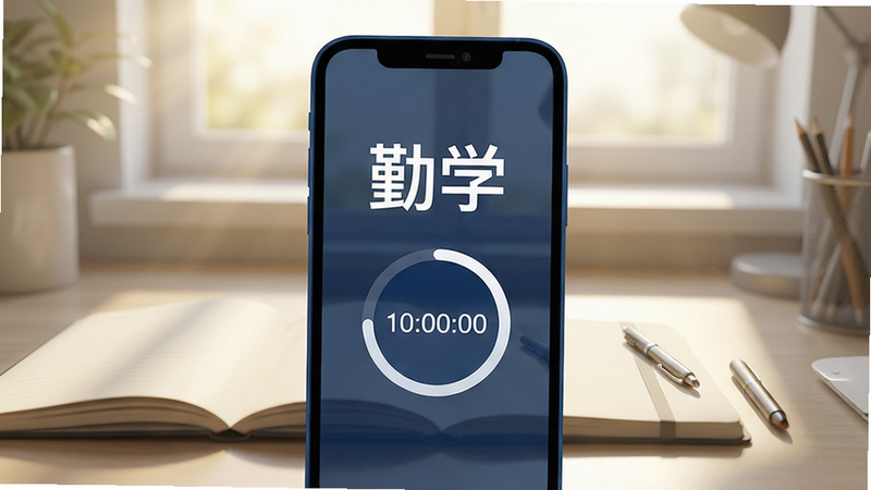 主体为深蓝色极简风格手机界面,屏幕中央显示“勤学”大字标题及倒计时圆环,背景是柔和的清晨书桌场景,阳光透过窗户洒在笔记本上,布局居中对称,排版整洁,风格清新现代,细节丰富,高清画质,干净无多余元素