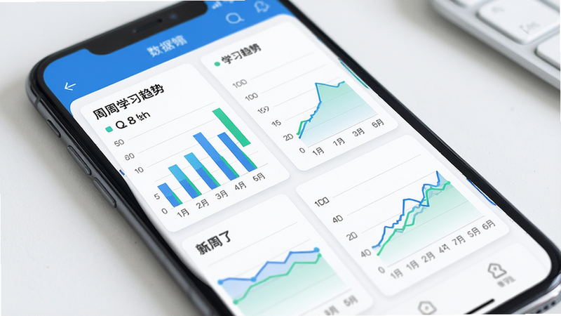 主体为手机屏幕展示数据仪表盘,包含柱状图和折线图,颜色以蓝绿为主,显示周学习趋势,背景为白色简洁卡片式设计,布局左右分栏,排版专业,风格商务简约,细节精确,高清画质,干净无多余元素
