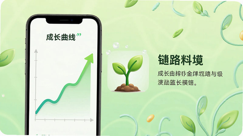 主体为手机界面展示“成长曲线”图表,曲线呈上升趋势,旁边配有幼苗生长动画图标,背景为淡绿色渐变,布局左侧图表右侧说明,排版平衡,风格励志积极,细节生动,高清画质,干净无多余元素