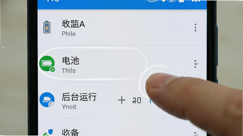 主体为手机设置界面截图,高亮显示“电池”和“后台运行”选项,手指点击示意,背景为安卓系统标准UI风格,布局垂直列表,排版清晰,风格直观易懂,细节明确,高清画质,干净无多余元素