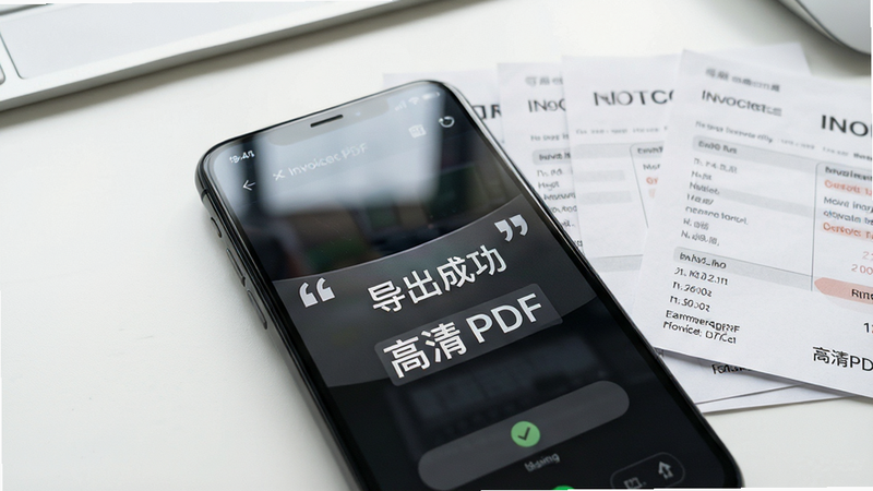 电票江湖PDF导出功能特写,手机屏幕显示“导出成功”提示,背景为白色办公桌面,旁边散落着几张打印好的发票纸张,布局自然,排版紧凑,风格写实,细节展示纸张纹理与屏幕光泽,画质高清,干净,无多余元素,文字“高清PDF”加引号
