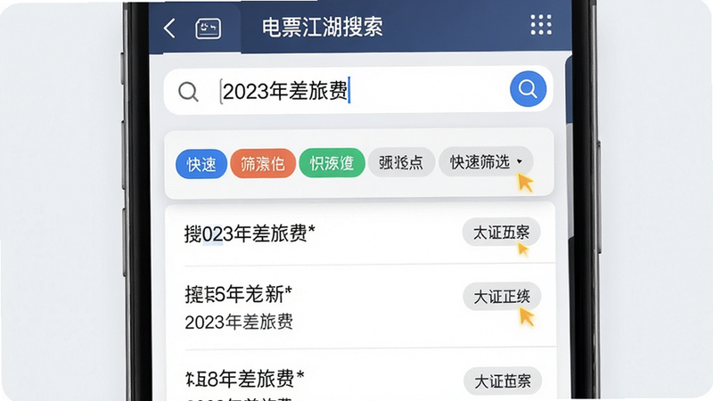电票江湖搜索界面演示,手机屏幕显示搜索框输入“2023年差旅费”,下方列表快速过滤出相关发票,布局条理清晰,排版整齐,风格商务简约,细节展示筛选标签的高亮效果,画质清晰,干净,无多余元素,文字“快速筛选”加引号