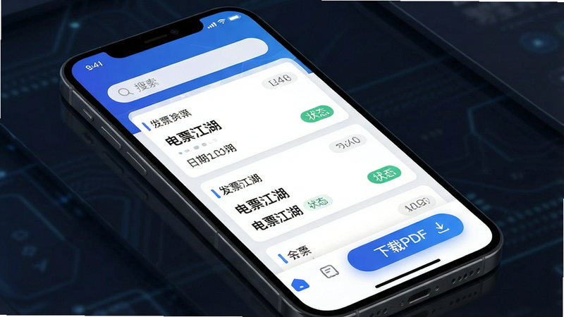 一张高清手机应用界面展示图,主体为“电票江湖”APP首页,布局清晰,顶部显示搜索栏,中部为发票列表卡片,包含发票金额、日期及状态标签,底部导航栏突出“下载PDF”功能按钮,风格简约现代,科技感强,细节丰富,画质高清,干净无多余元素,文字“电票江湖”清晰可见
