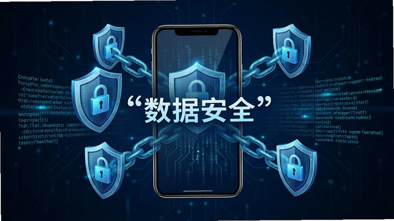 电票江湖安全加密概念图,手机屏幕周围环绕着盾牌与锁链图标,象征数据安全,布局对称,排版严谨,风格科技感十足,细节展示加密代码流,画质高清,干净,无多余元素,文字“数据安全”加引号