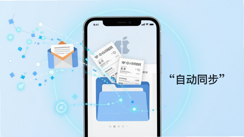 展示电票江湖智能归集功能的示意图,画面中心为手机屏幕,显示发票自动从邮件图标飞入应用文件夹的动态效果,背景为浅蓝色科技光晕,布局平衡,排版简洁,风格扁平化,细节展示数据流动的光点,画质清晰,干净,无多余元素,文字“自动同步”加引号