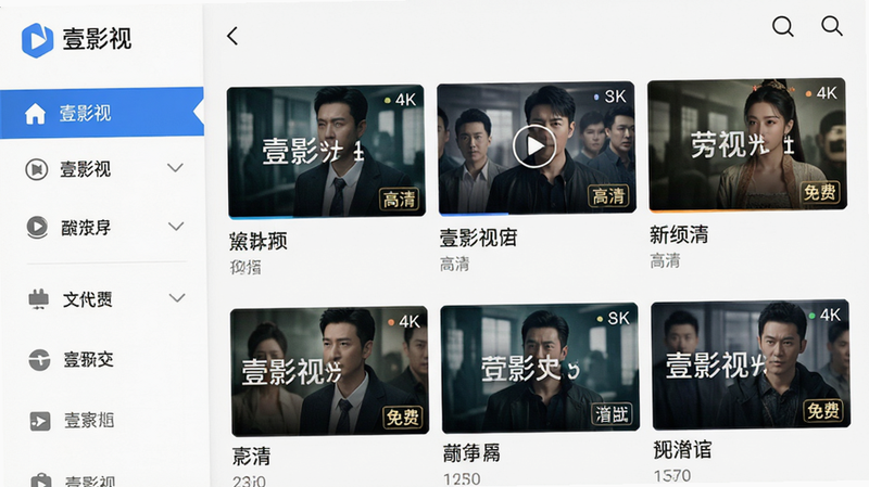 主体为壹影视安卓APP界面预览图,布局采用左侧侧边栏分类导航,右侧为网格状视频封面展示,排版整洁有序,风格为现代扁平化设计,细节处显示清晰的中文标题与播放时长标签,画质高清4k,背景干净无多余元素,文字内容为
