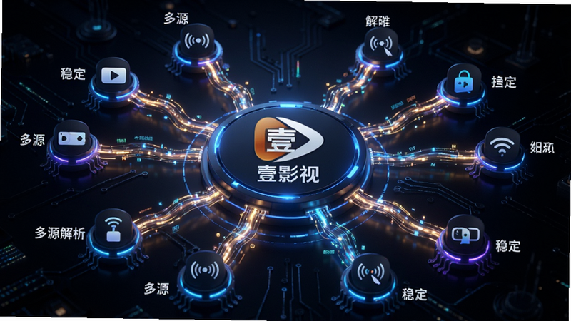 主体为多源切换示意图,布局中心为壹影视图标,周围环绕多个信号源节点,通过发光线条连接,排版呈辐射状,风格科技感强,细节展示数据流动效果,画质清晰,无多余装饰,文字标注