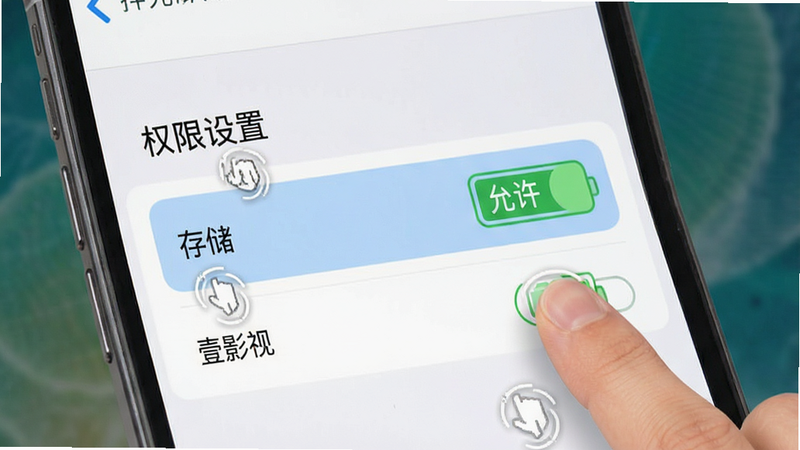 主体为手机设置界面操作示意图,布局聚焦于权限管理模块,高亮显示“存储”与“电池”选项,排版清晰,风格为iOS/Android通用UI风格,细节处有手指点击动作示意,画质清晰,无多余图标,文字标注