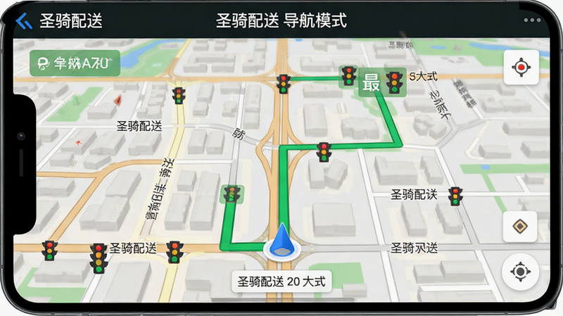 主体为“圣骑配送”APP的地图导航界面,布局以地图为主,覆盖层显示绿色最佳路径线与蓝色当前位置图标,排版简洁,风格为写实地图风格,细节包含道路名称标注、红绿灯图标与距离剩余提示,画质高分辨率,干净无干扰元素,文字显示“圣骑配送 导航模式”