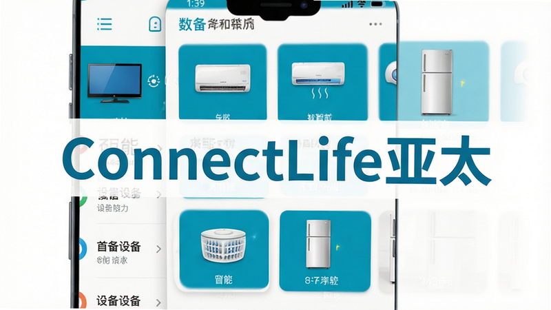 主体为ConnectLife亚太手机应用界面截图,布局清晰展示首页设备列表与快捷控制卡片,排版采用扁平化设计风格,色调以海信品牌蓝和白色为主,细节处体现智能家电图标如电视、空调、冰箱的高保真渲染,画质4k高清,背景干净无多余元素,中间醒目显示“ConnectLife亚太”字样